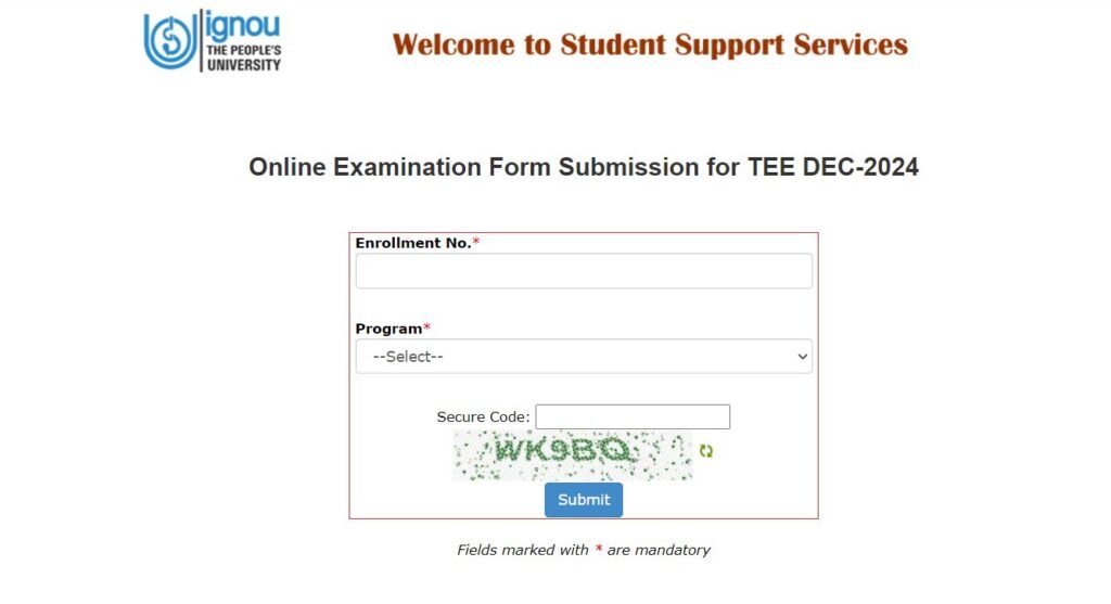 IGNOU Exam form TEE Dec 2024