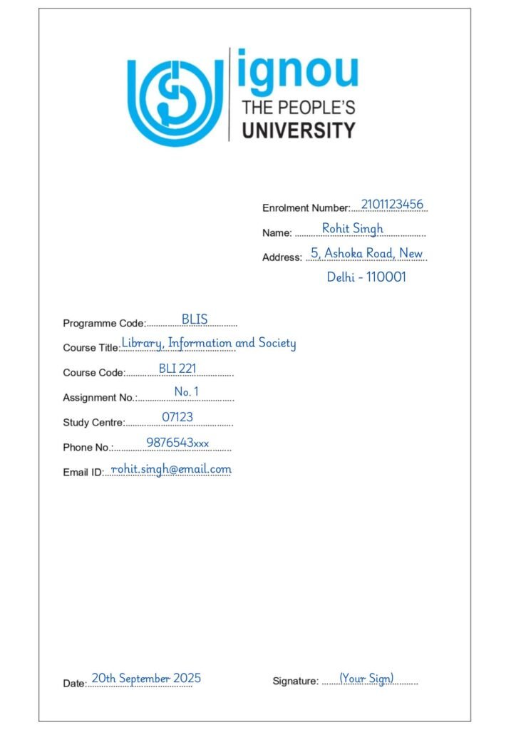 IGNOU Assignment Front Page Filled