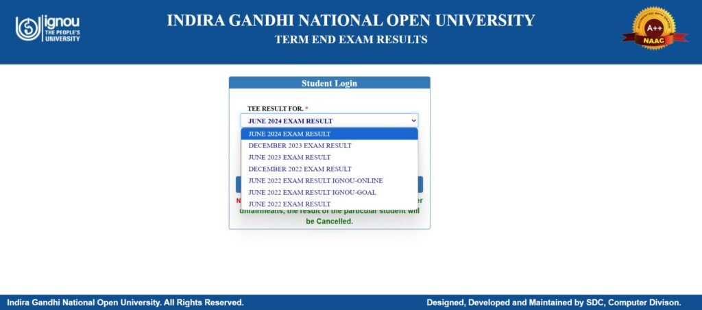 IGNOU Results page new website