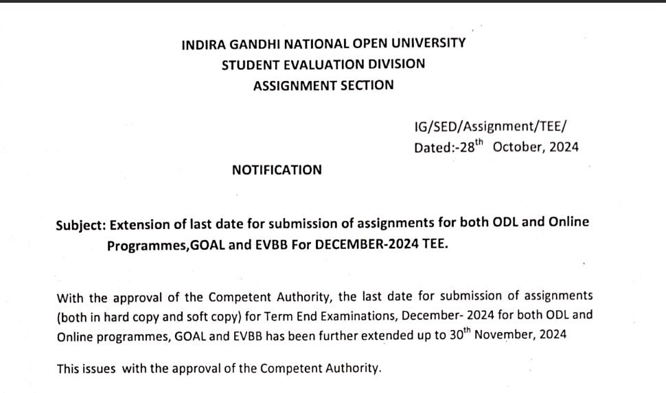 IGNOU assignment last date extended dec 2024