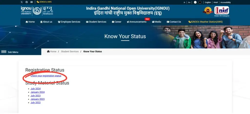 IGNOU Admission status new website