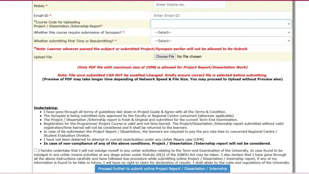 IGNOU project submission page
